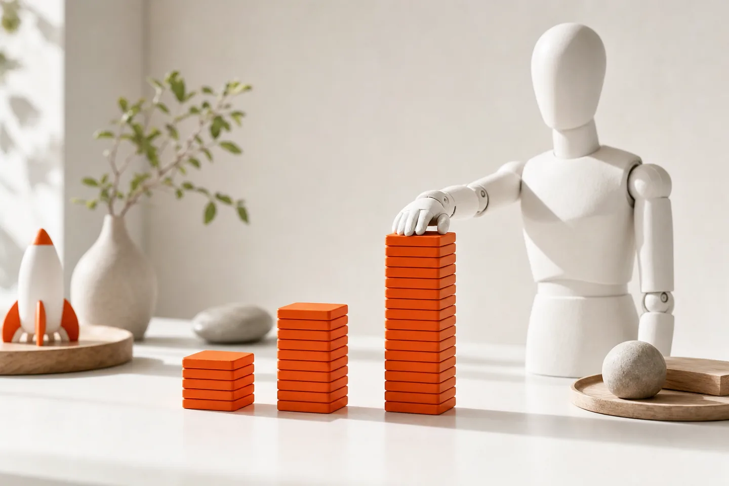 Three stacks of orange tiles on a white table, one short, one tall, one very tall, a mannequin hand on the tallest