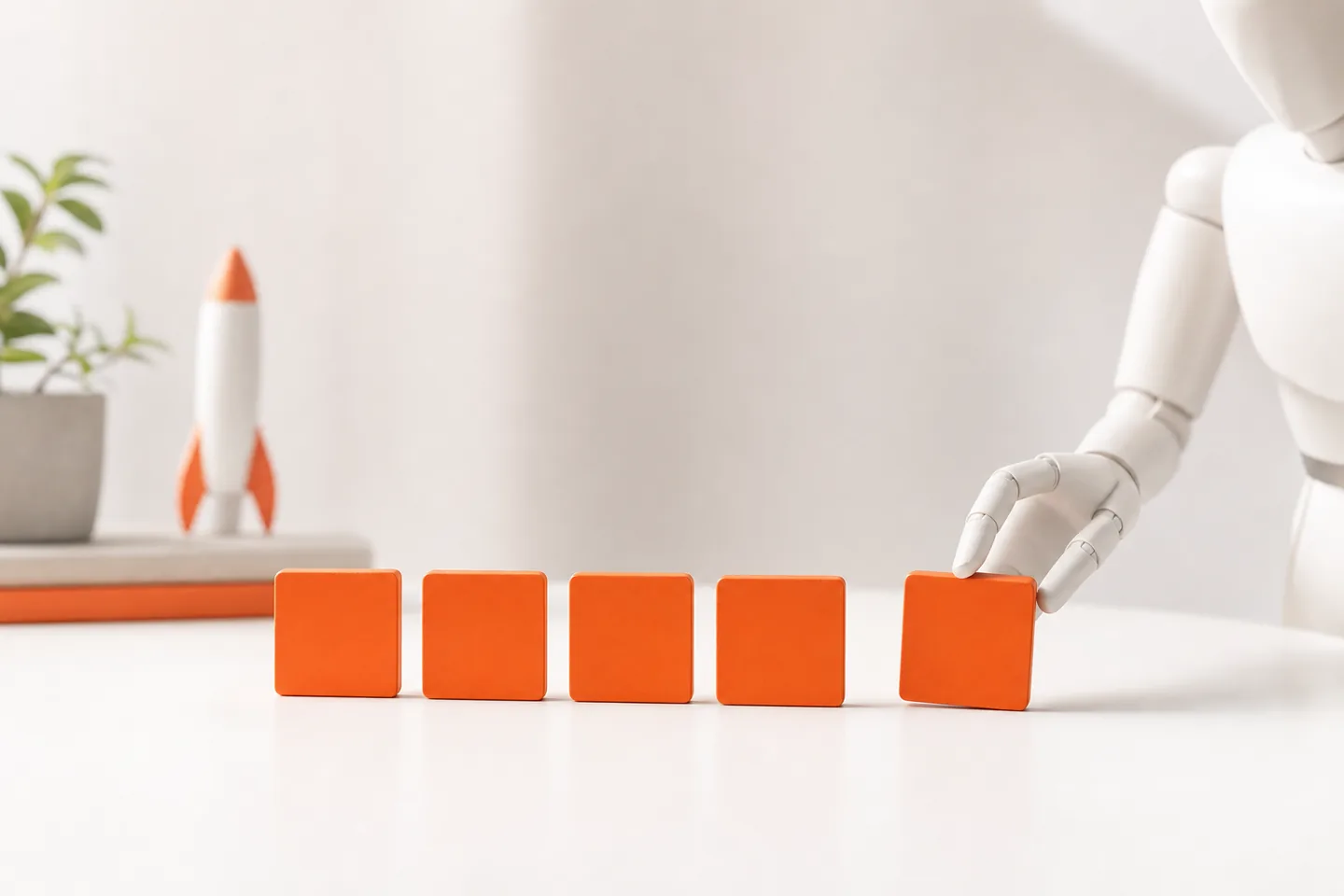 Four small orange tiles lined up evenly on a white table, with a mannequin hand sliding a fifth into place