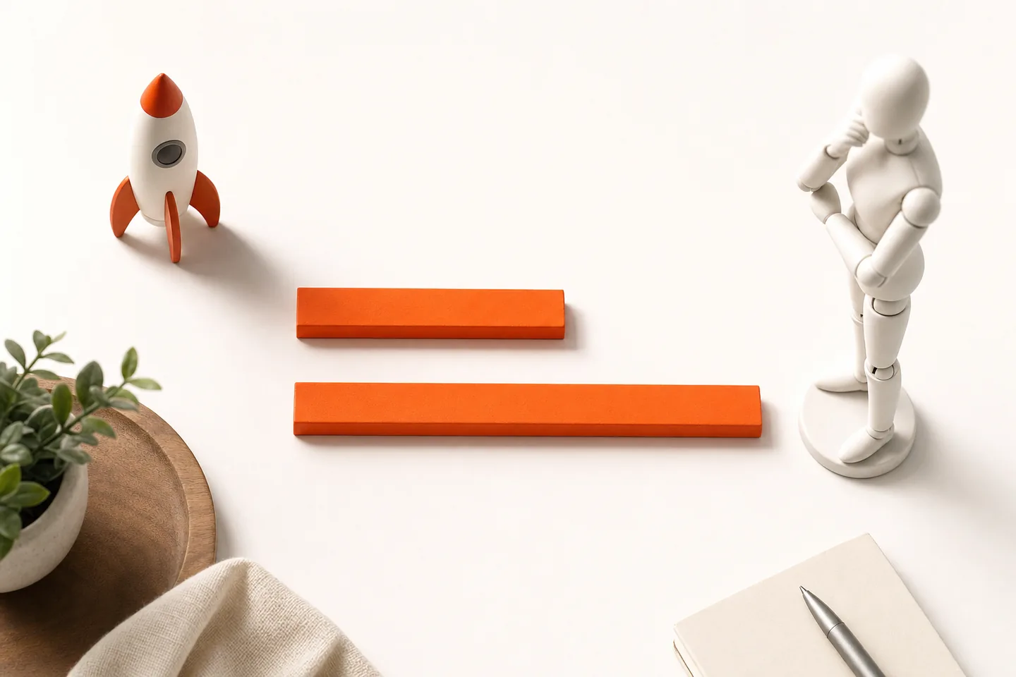 Two orange rulers of different lengths side by side on a white surface, one exactly twice as long as the other