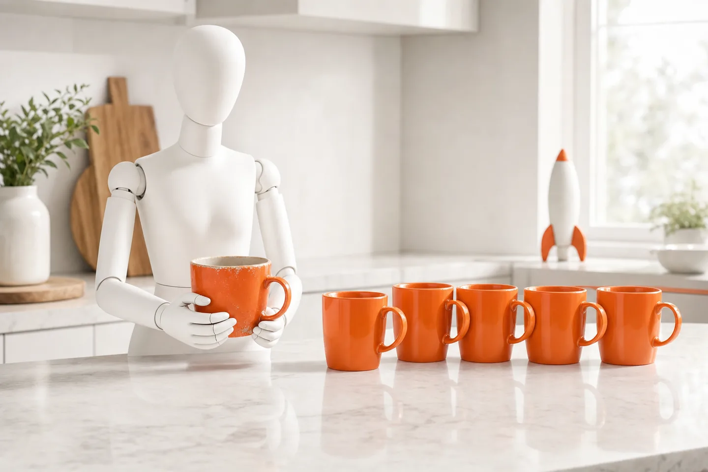 A faceless white mannequin holding a worn orange mug with both hands, next to a row of identical new mugs