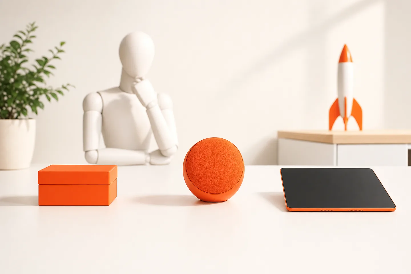 Three different orange objects on a white table, a small box, a round speaker and a flat tablet, each lit separately