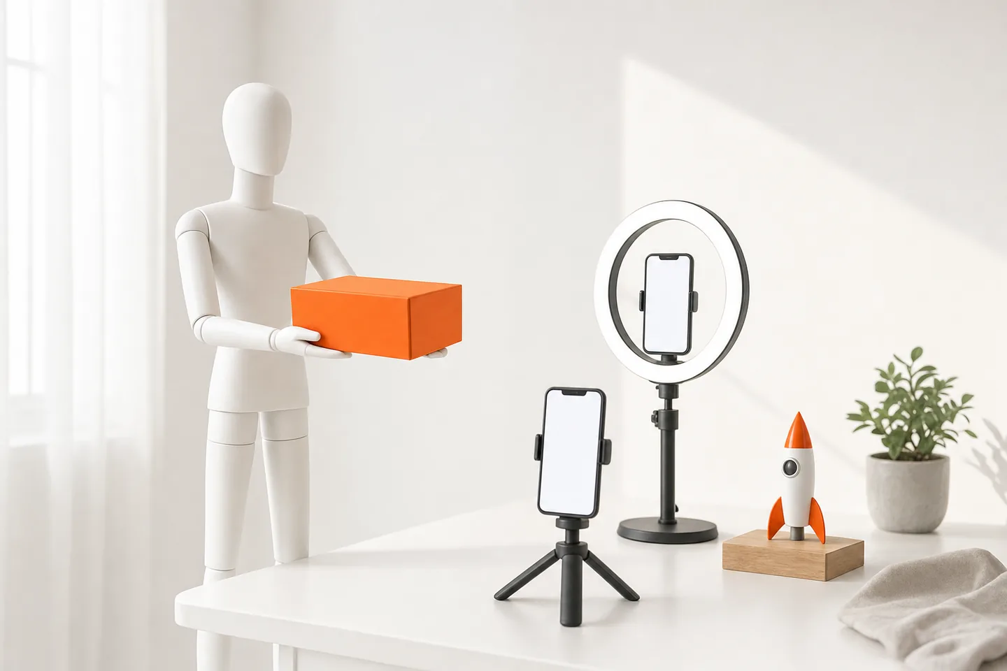 A faceless white mannequin holding out a plain orange box toward two phones on stands, one inside a ring light