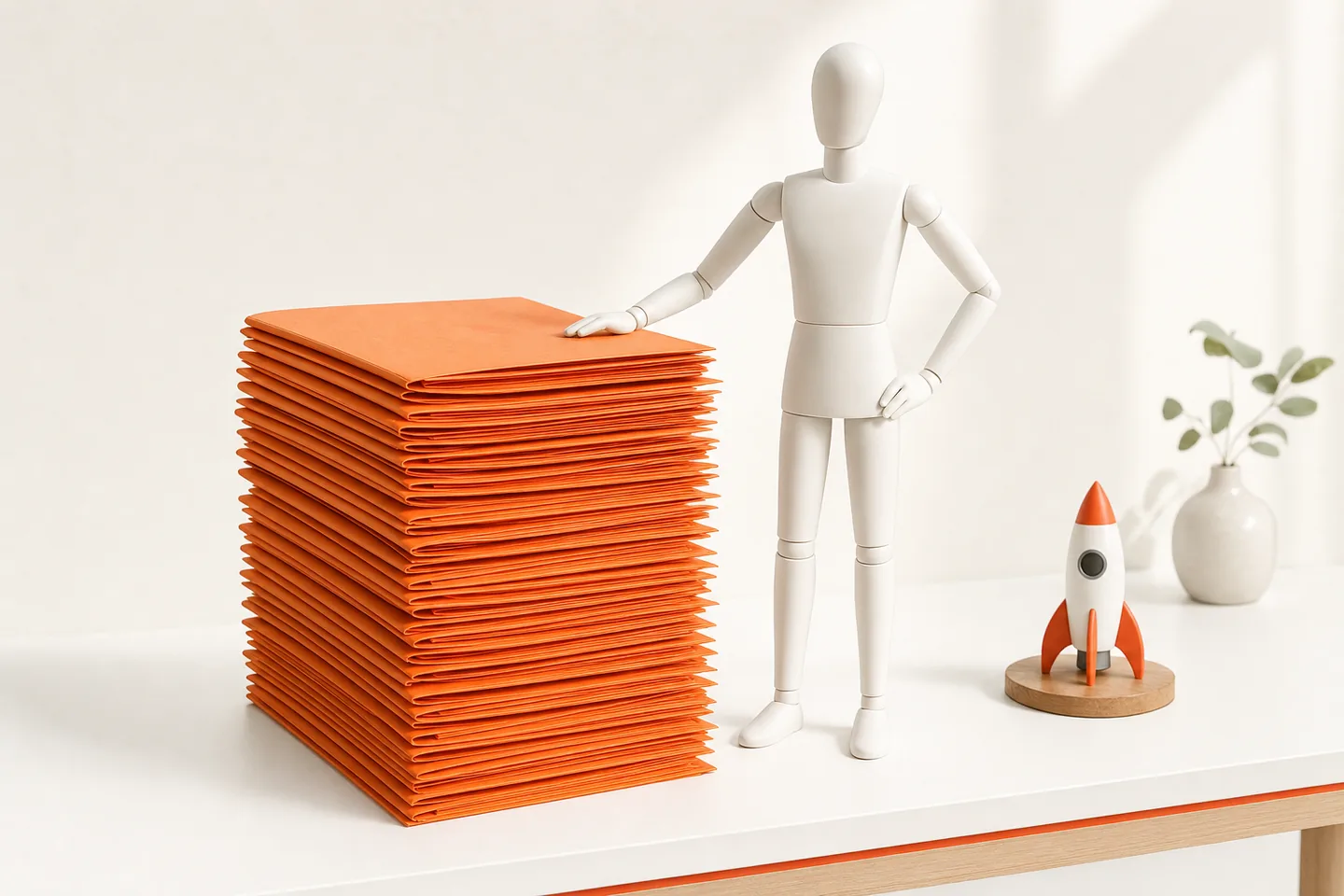 A faceless white mannequin resting a hand on a tall stack of plain orange folders