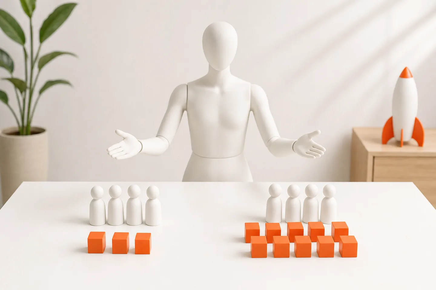 A faceless white mannequin behind two groups of white figurines, three orange cubes in front of the left group and ten in front of the right