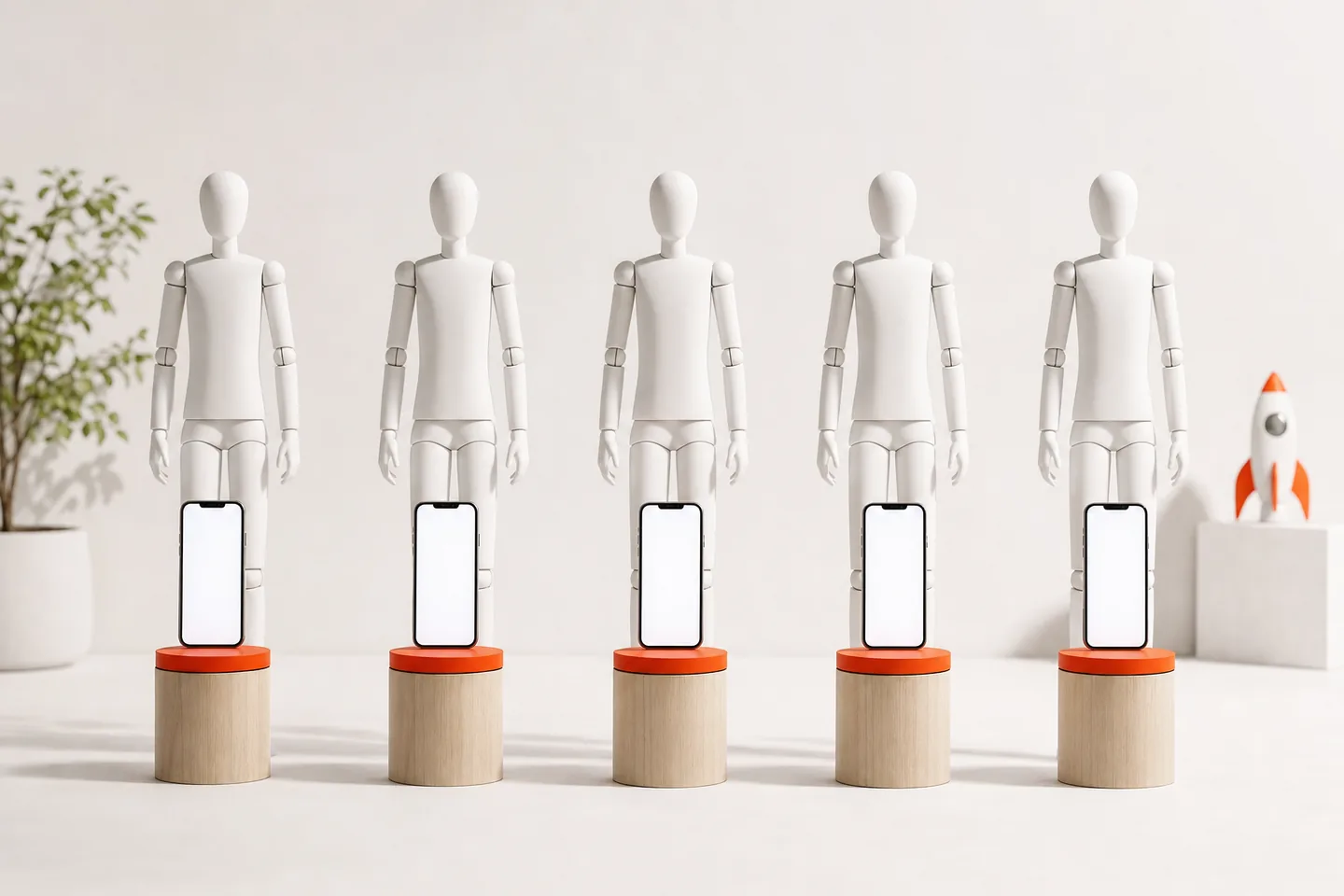 A row of five identical faceless white mannequins, each behind a blank phone standing on an orange-topped pedestal