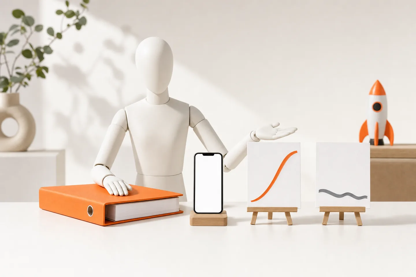 A faceless white mannequin with one hand on a thick orange binder, pointing at a rising orange line and a flat grey line on two small easels