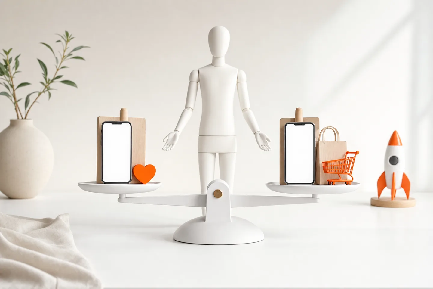 A faceless white mannequin behind a level balance scale with a phone on each pan, one beside an orange heart and one beside a shopping cart