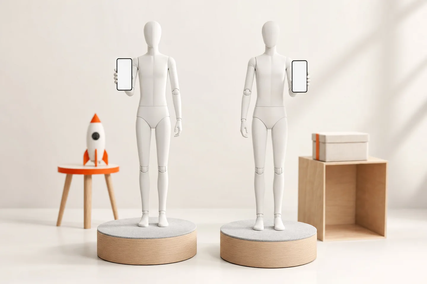 Two identical faceless white mannequins on round pedestals, each holding up a blank phone