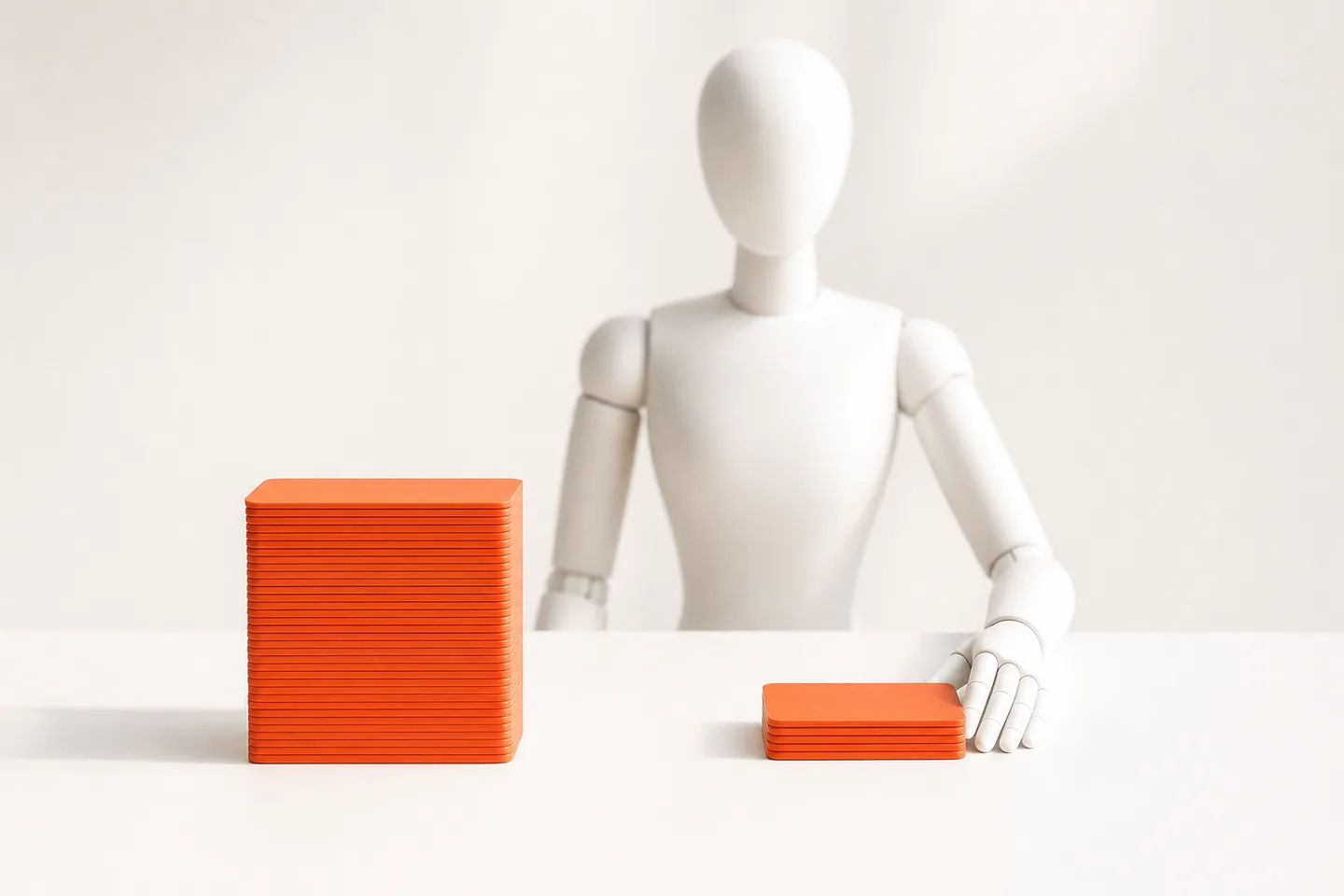 A faceless white mannequin seated at a bright studio table beside a tall stack of orange cards and a much shorter one, with a phone on a small tripod between them