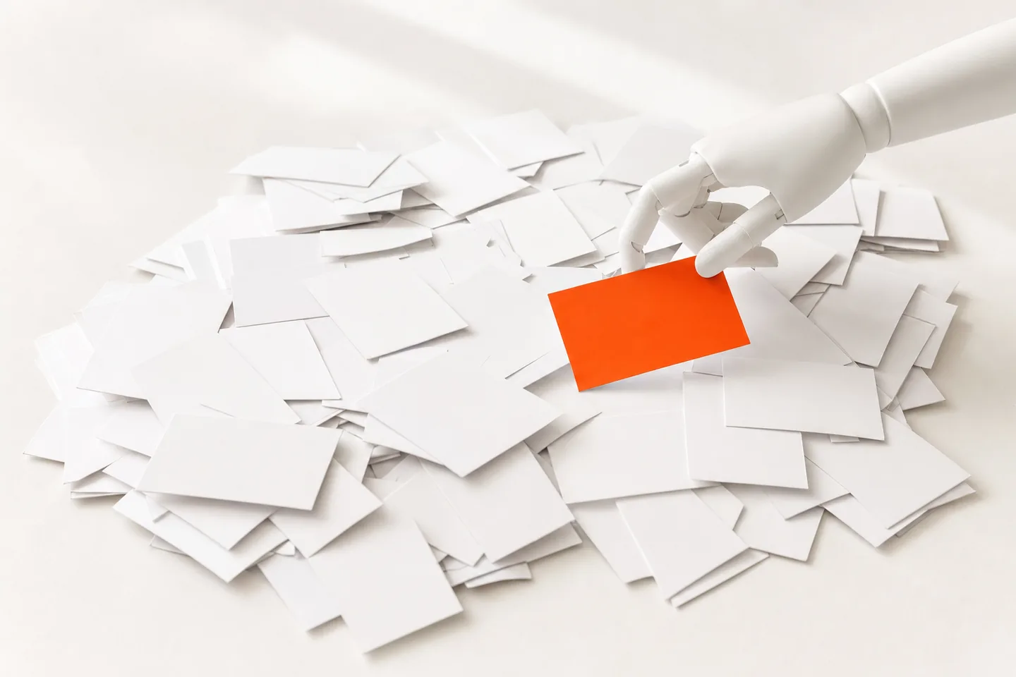 A faceless white mannequin hand placing one orange card onto a wide low pile of plain white cards on a bright surface