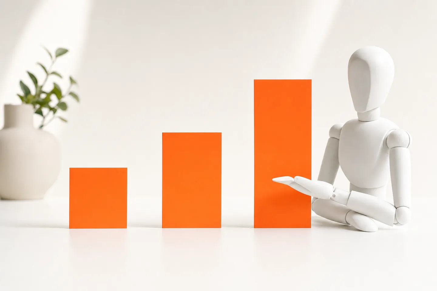 Three orange cards of different heights standing upright in a row on a bright white surface, a faceless mannequin hand resting beside the tallest