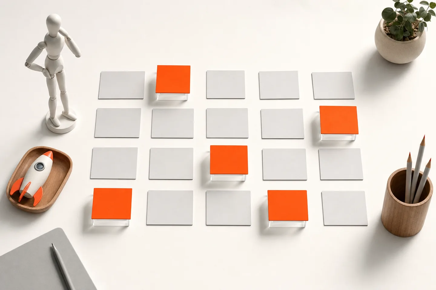 A long row of small orange cards arranged in a grid on a bright white surface, most of them face down and grey, a few standing out in orange