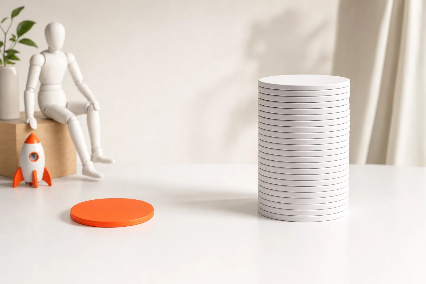 A single small orange coin-sized disc beside a tall stack of white discs on a bright studio surface