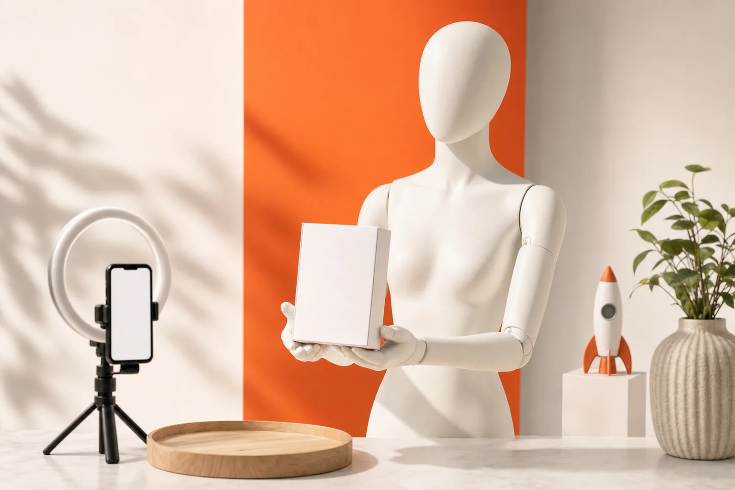 A faceless white mannequin holding a small product box in both hands on a bright orange-accented studio background