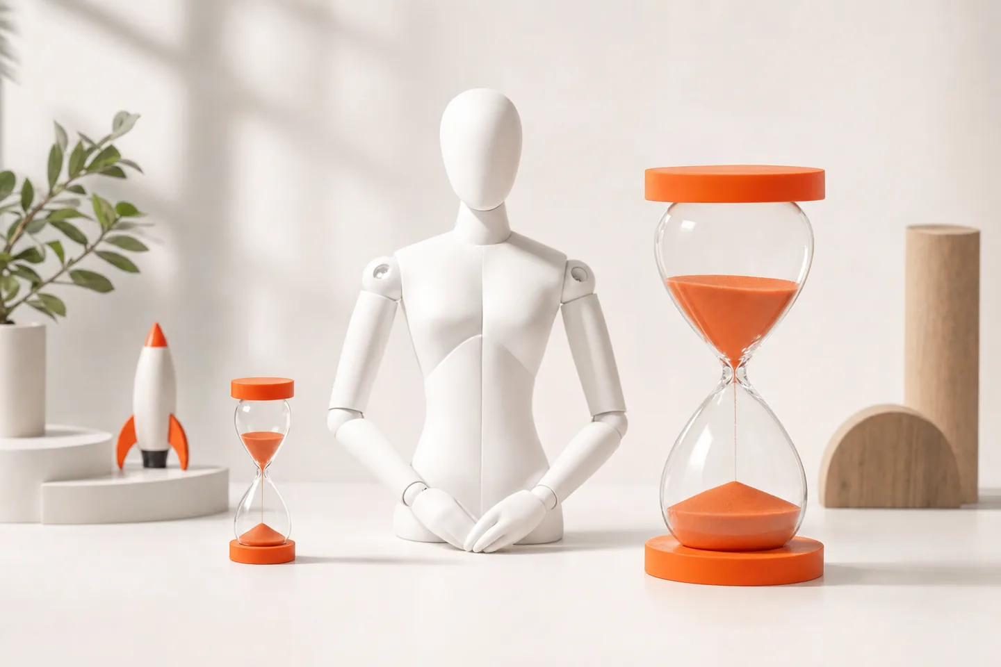 A faceless white mannequin at a white table between a small orange hourglass and a large orange hourglass