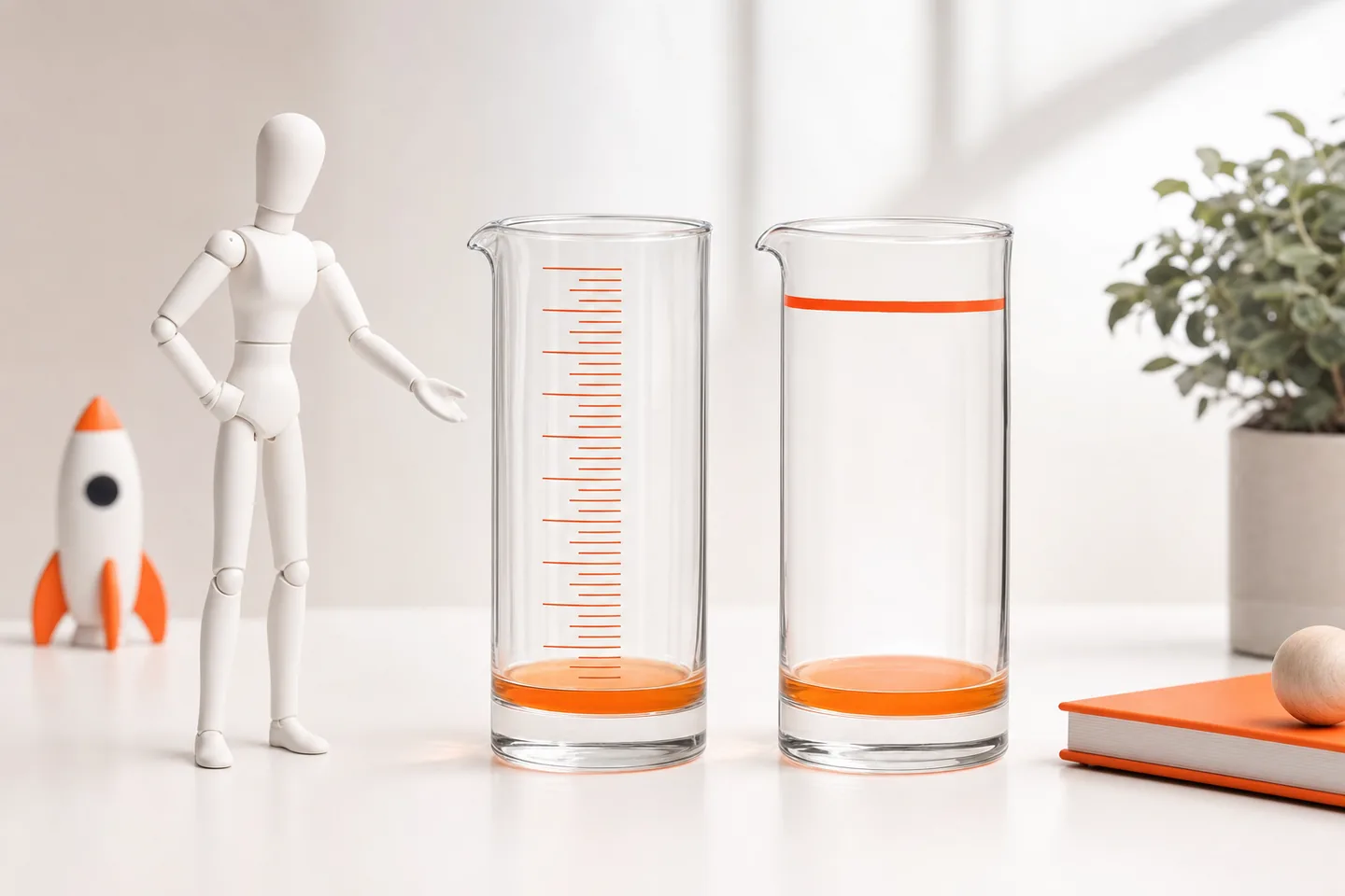 Two orange measuring vessels on a white table, one marked in fine steps and one in a single large step