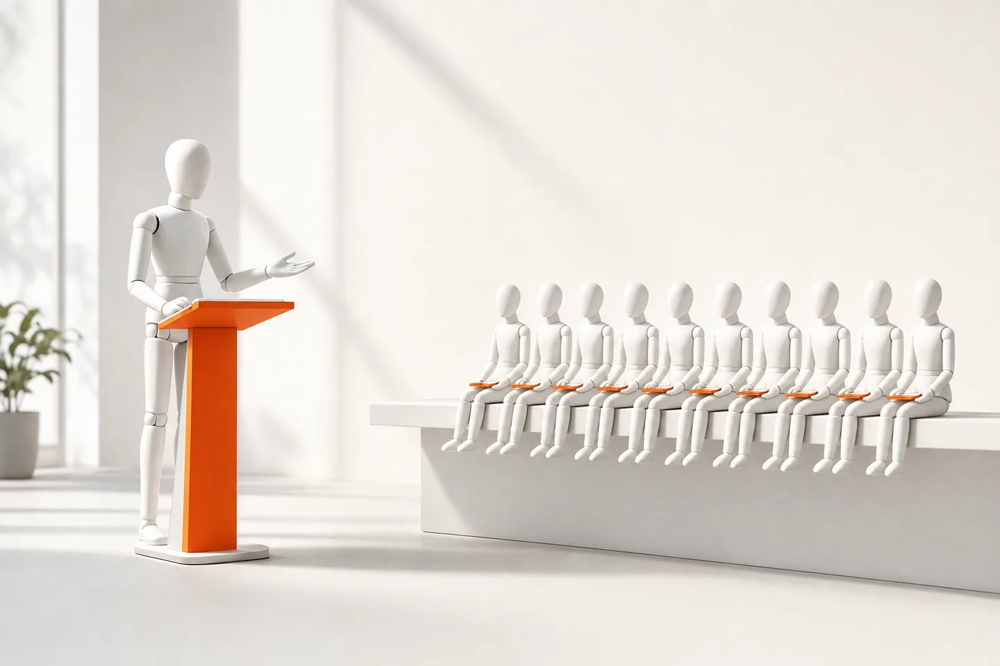 A mannequin at a lectern on the left and a row of small mannequins on a shelf on the right, with orange accents