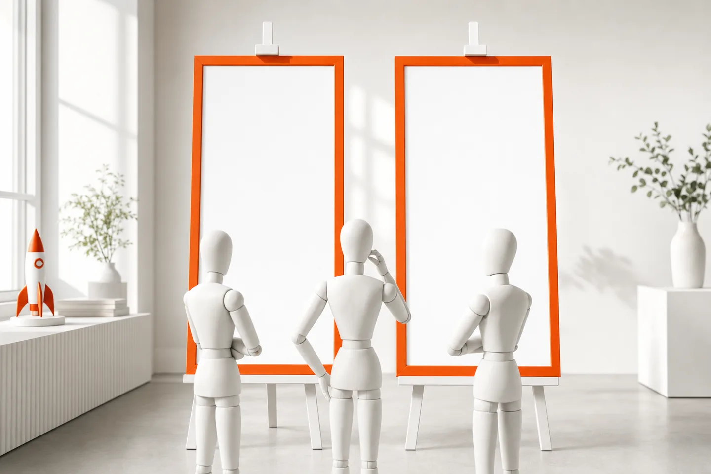 Two identical orange picture frames on easels with three faceless mannequins standing in front of them