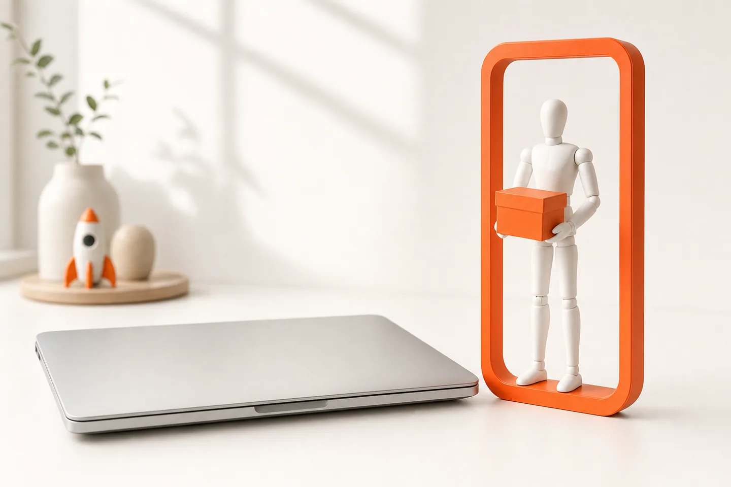 A closed laptop on a white table beside a tall orange vertical frame with a small mannequin standing inside it