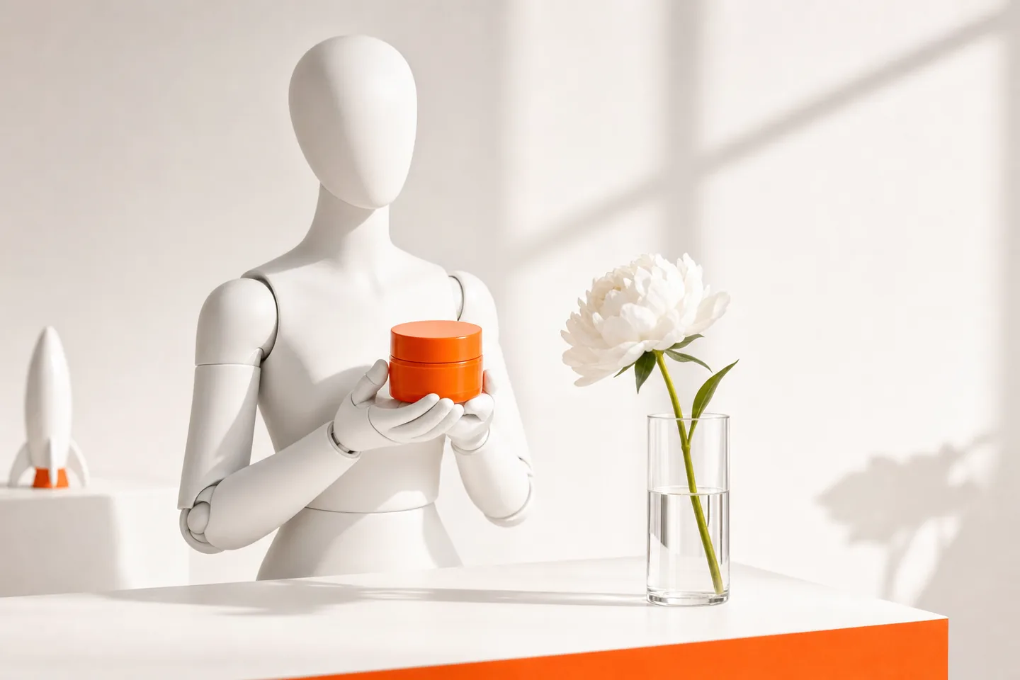 A mannequin holding a small orange jar close to its chest, with one fresh flower in a glass beside it