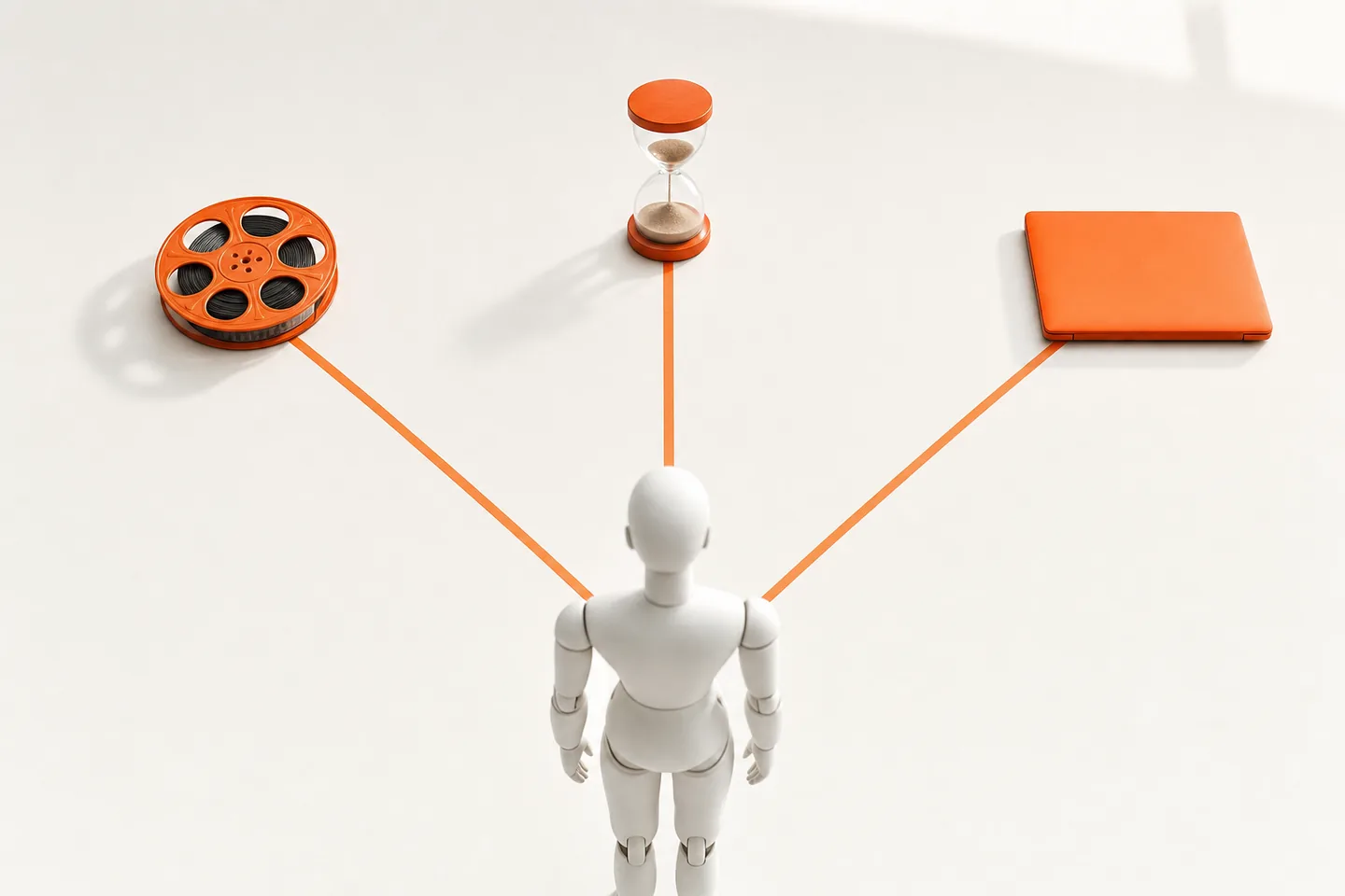 Three orange paths leading away from a mannequin across a white floor in three directions