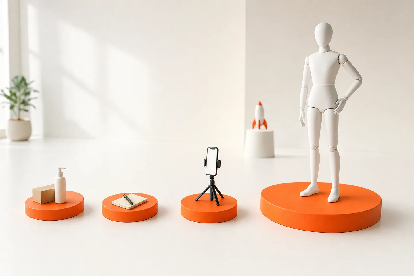 Four orange stepping stones on a white floor, the last one much larger, with a mannequin on the first