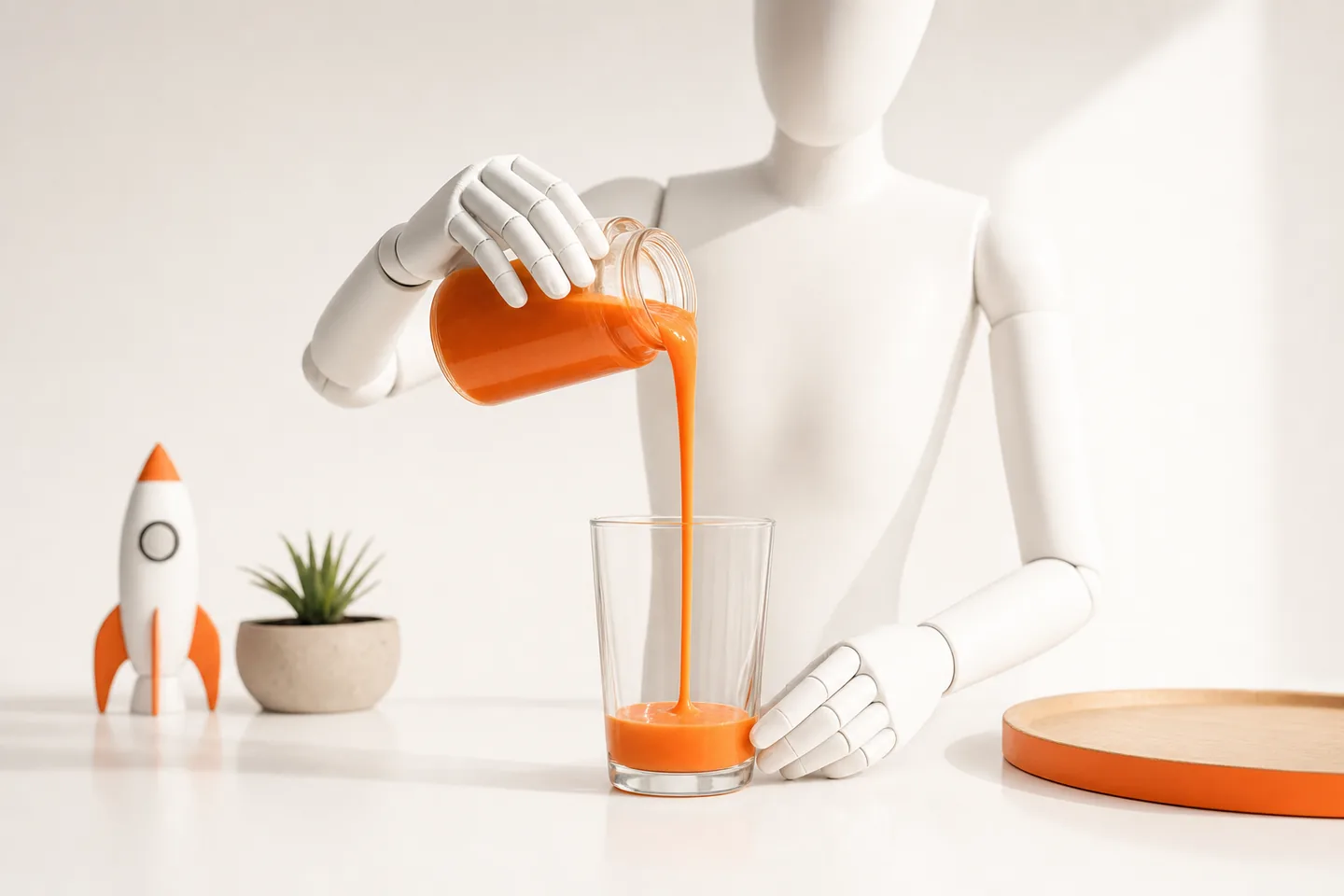 Mannequin hands pouring orange liquid from a jar into a clear glass on a white table