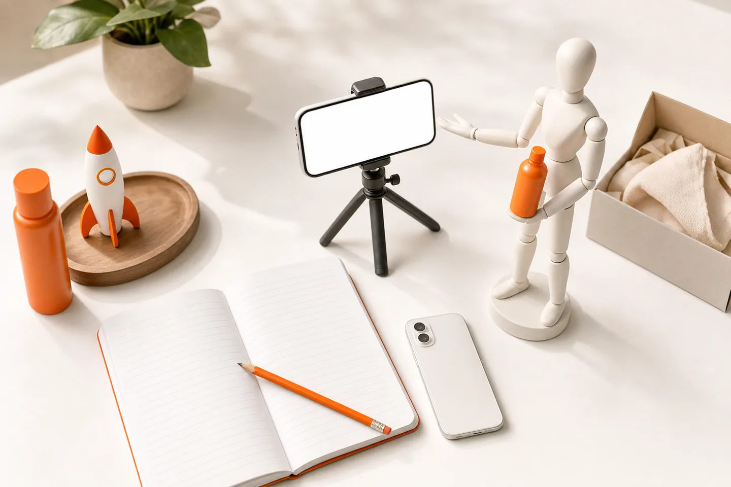 An open blank notebook and a pencil on a white desk beside a phone lying face down