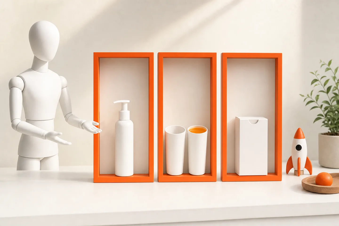 Three tall orange frames on a white shelf, each holding a different small product
