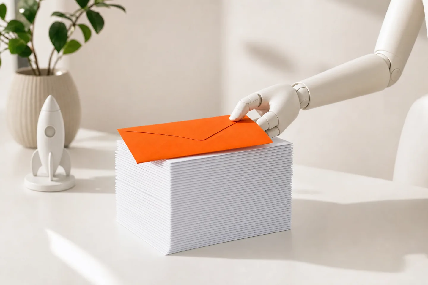 A mannequin at a white desk with a tall stack of white envelopes and one orange envelope in hand