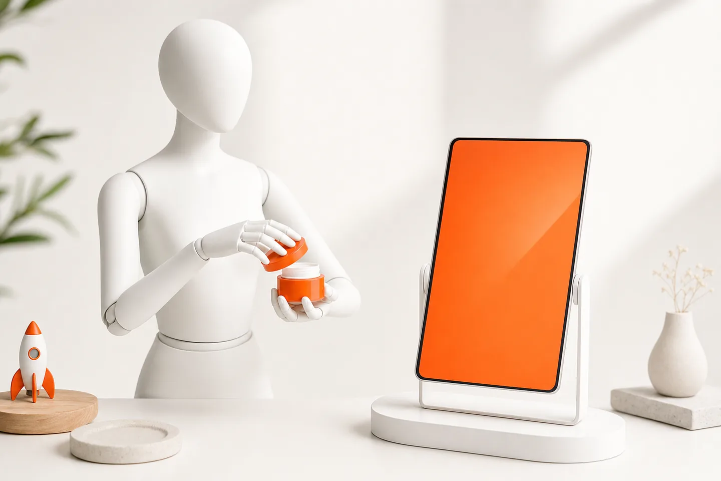 A mannequin opening an orange jar beside a blank glossy orange screen on a stand