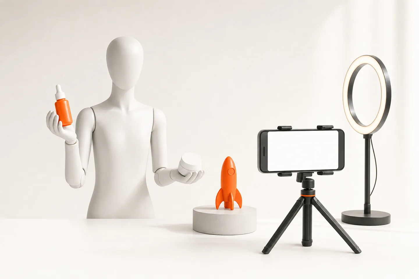 A faceless white mannequin holding an orange dropper bottle in one hand and a small white jar in the other, beside a phone on a tripod and a ring light