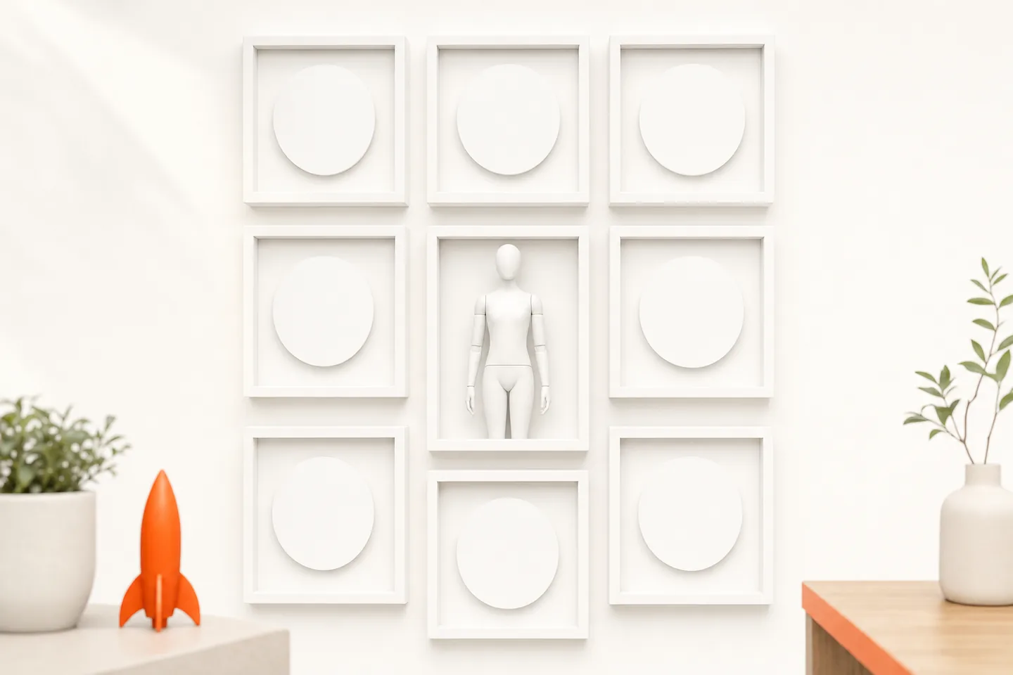 A grid of nine white frames on a wall, eight holding plain white circles and the middle one holding a small faceless white mannequin