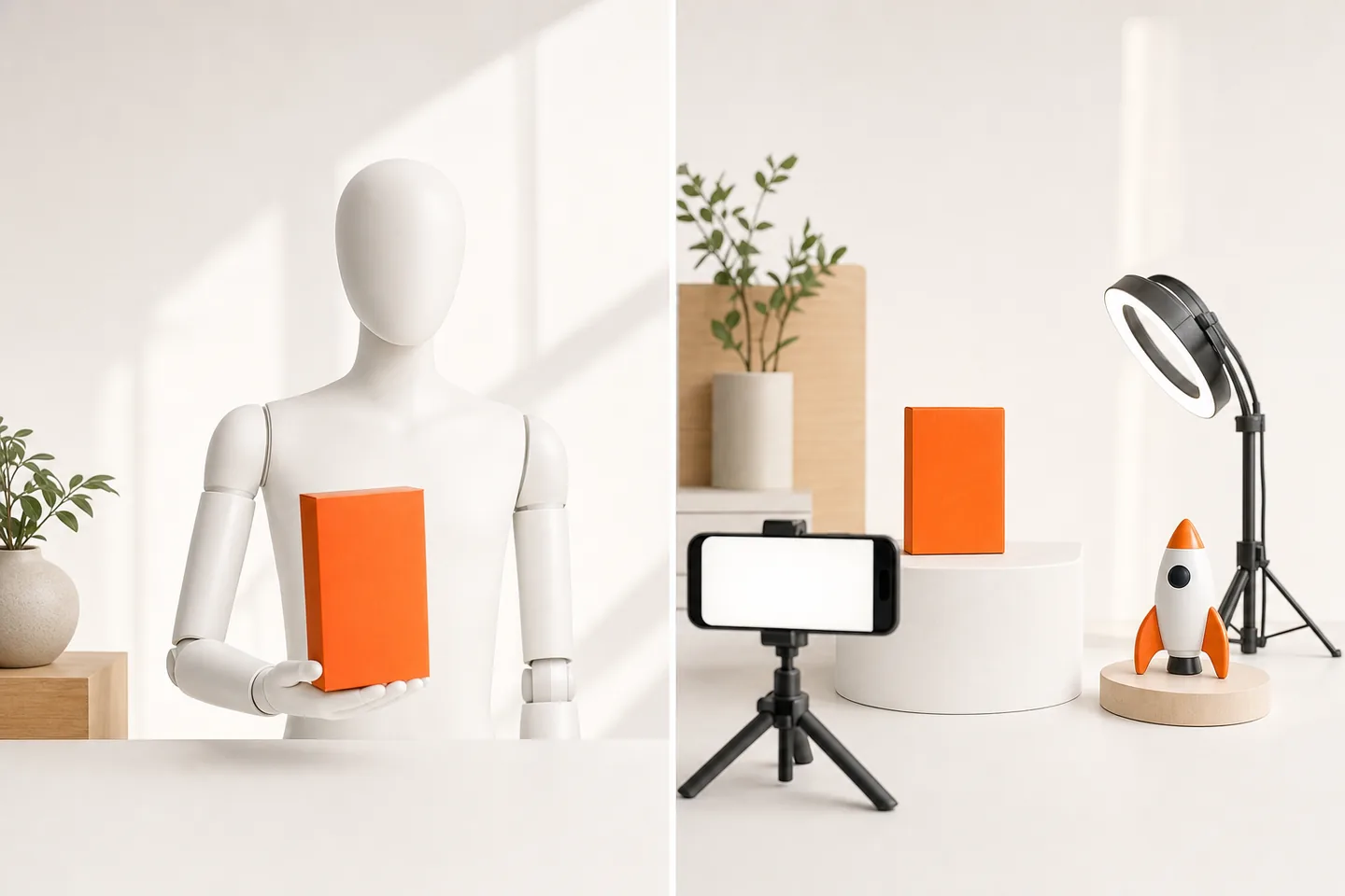 A split picture: on the left a faceless white mannequin holding an orange box at chest height, on the right the same orange box on a pedestal in front of a phone on a tripod and a ring light