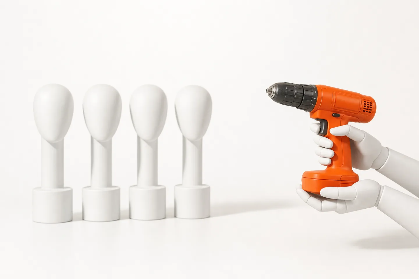 A row of four identical faceless white mannequin heads on stands, beside a pair of white mannequin hands gripping an orange cordless drill