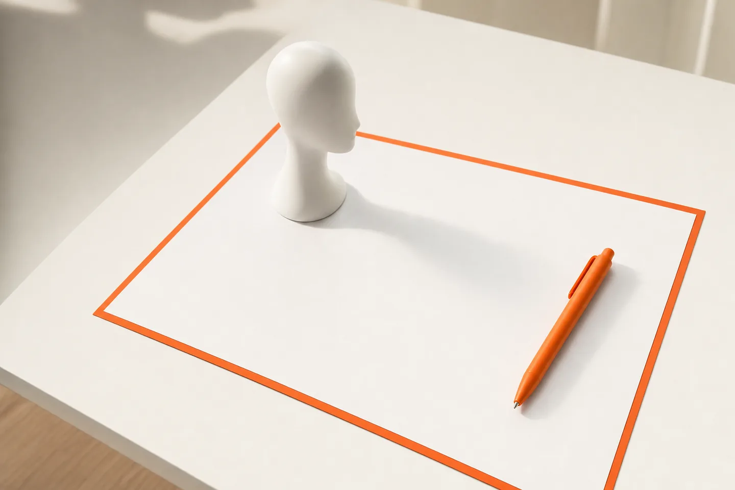 A smooth white mannequin head in profile standing on a blank sheet with an orange border, with an orange pen beside it
