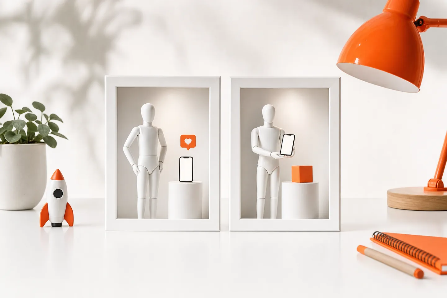 Two white frames side by side, each holding a small faceless mannequin, one next to a phone on a pedestal and one holding a phone above an orange cube