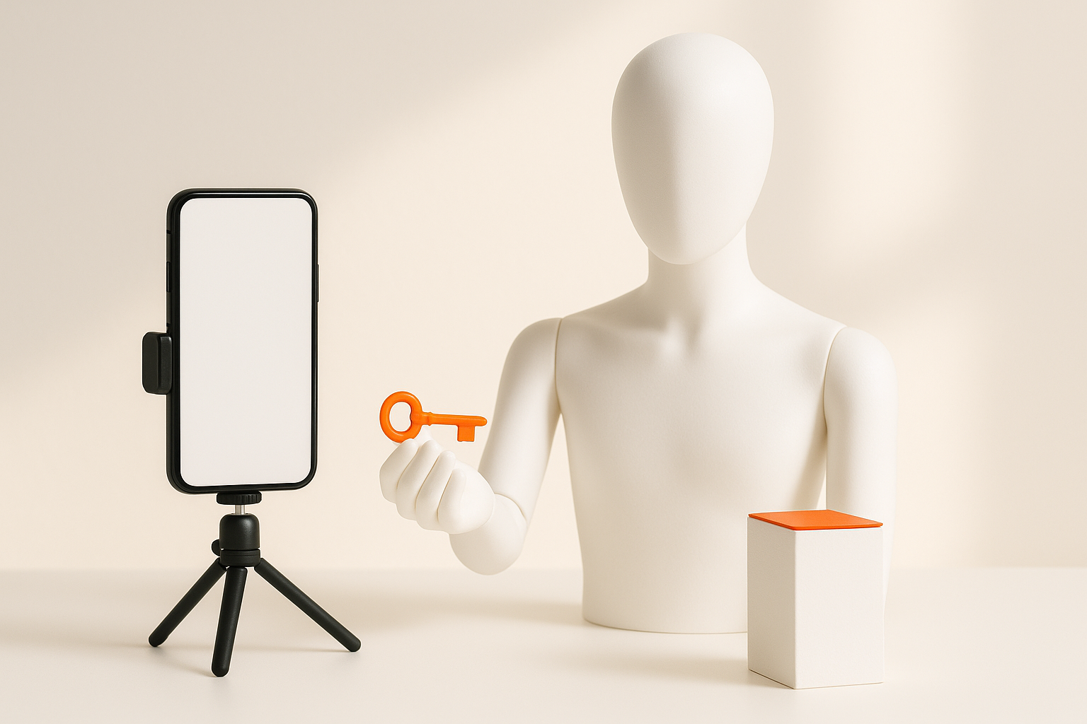 A faceless white mannequin holding an orange key out toward an empty pedestal, with a phone on a tripod filming from the side