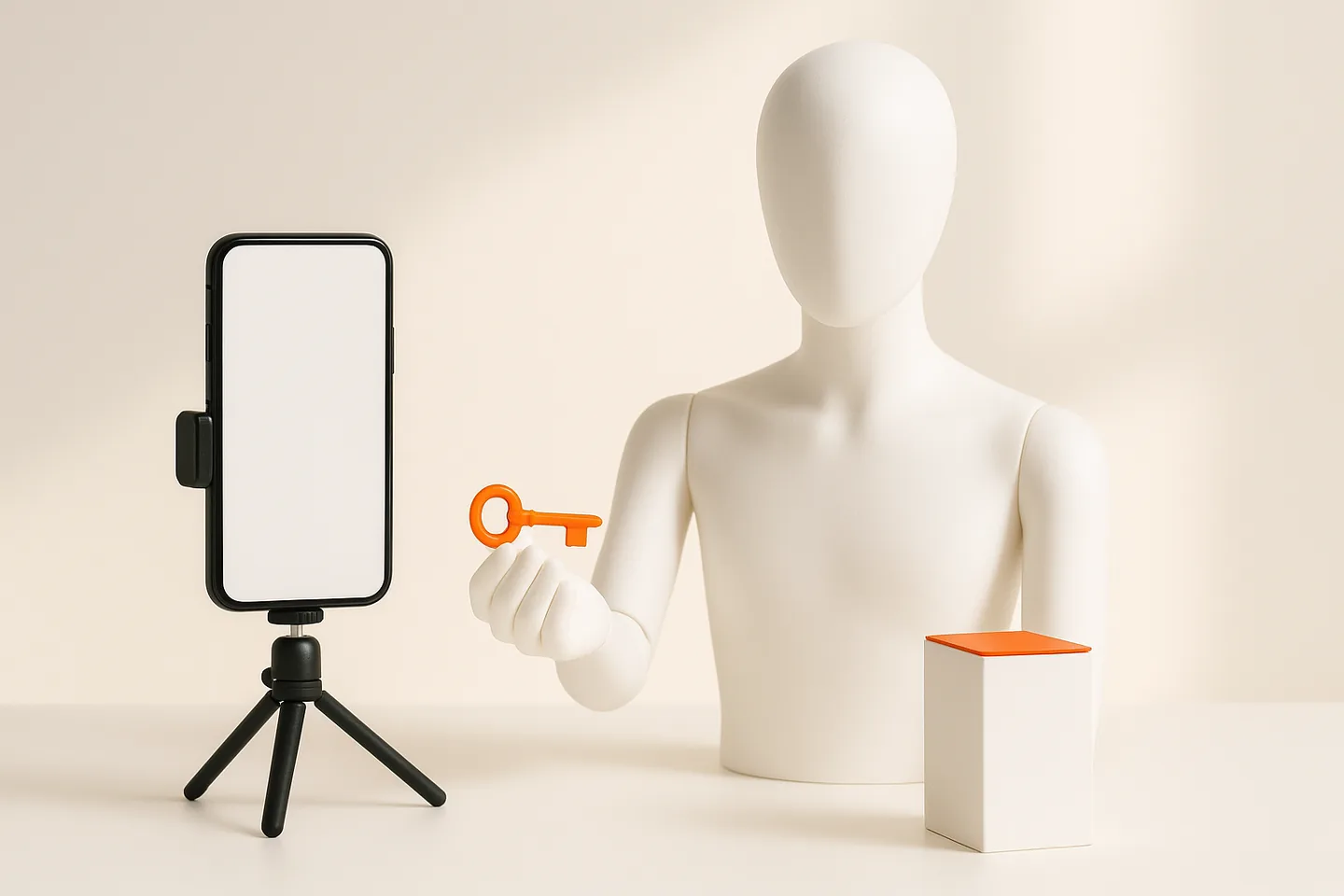 A faceless white mannequin holding an orange key out toward an empty pedestal, with a phone on a tripod filming from the side