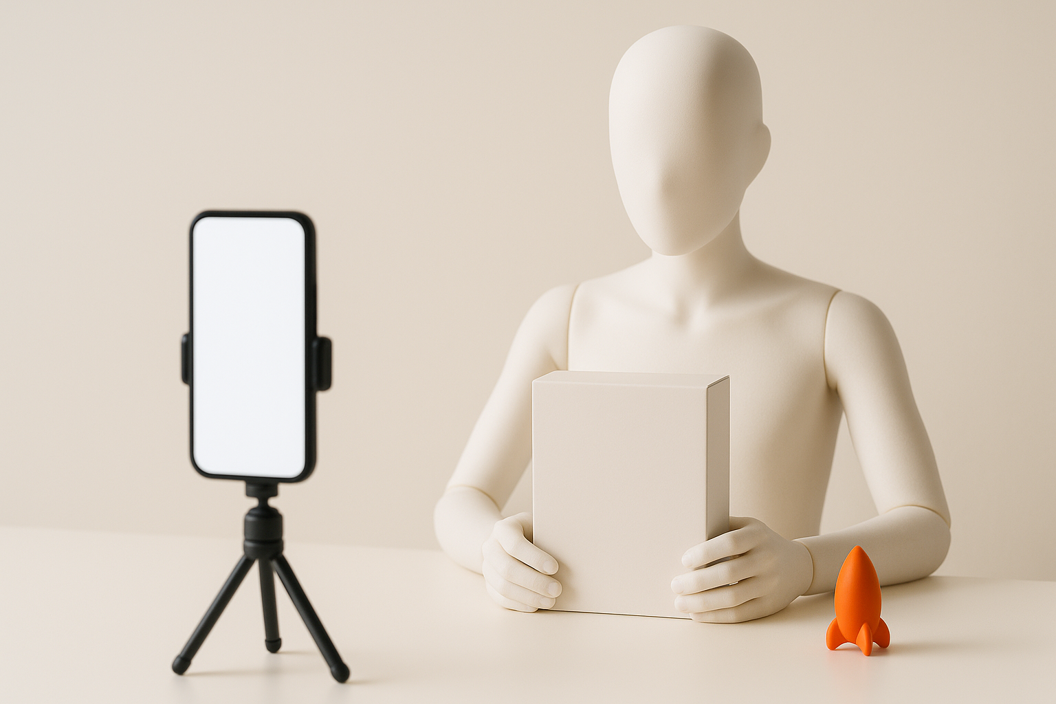 A phone on a tripod filming a faceless mannequin holding a plain product box in a bright studio
