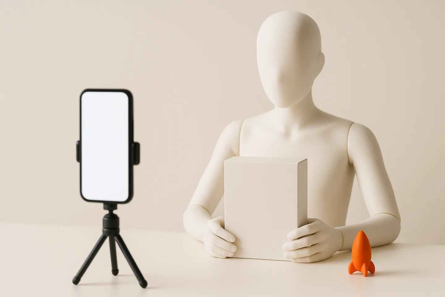 A phone on a tripod filming a faceless mannequin holding a plain product box in a bright studio