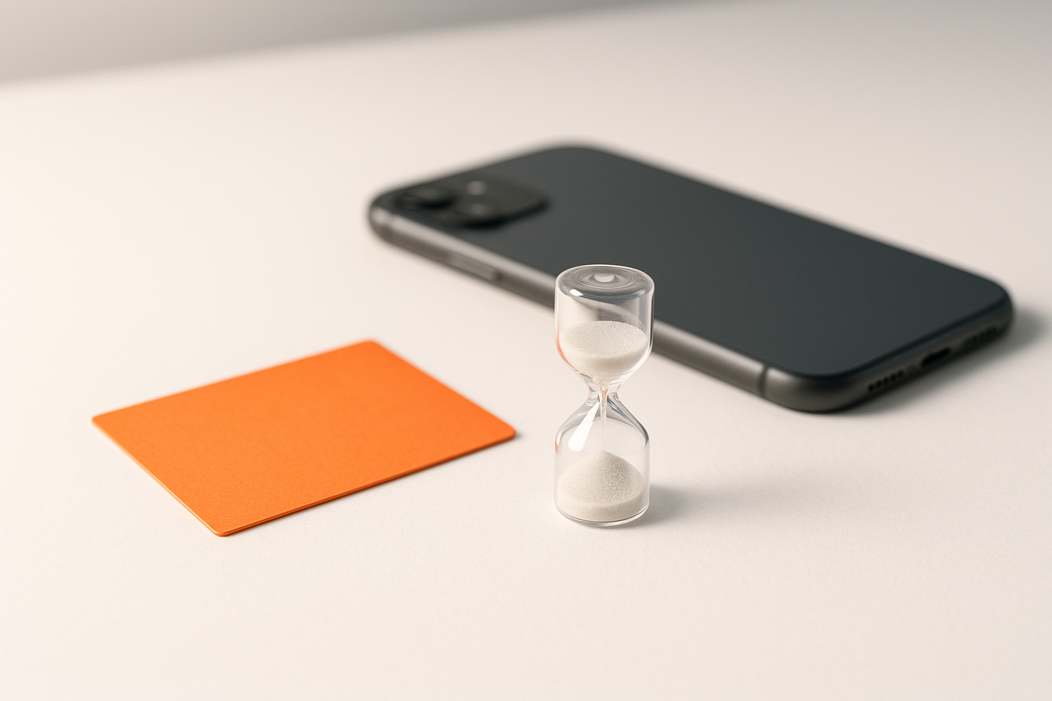 An orange card beside a face-down phone and a small hourglass on a bright studio surface