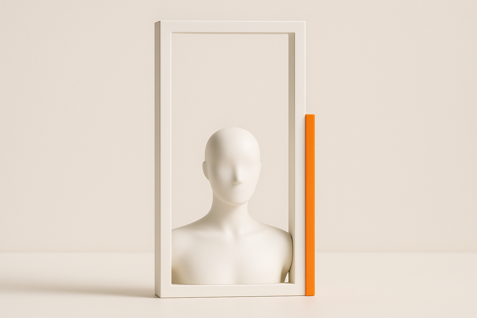 A tall vertical white frame holding a faceless mannequin bust in its lower half, an orange bar along the right edge