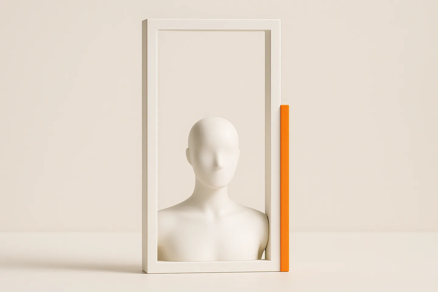 A tall vertical white frame holding a faceless mannequin bust in its lower half, an orange bar along the right edge