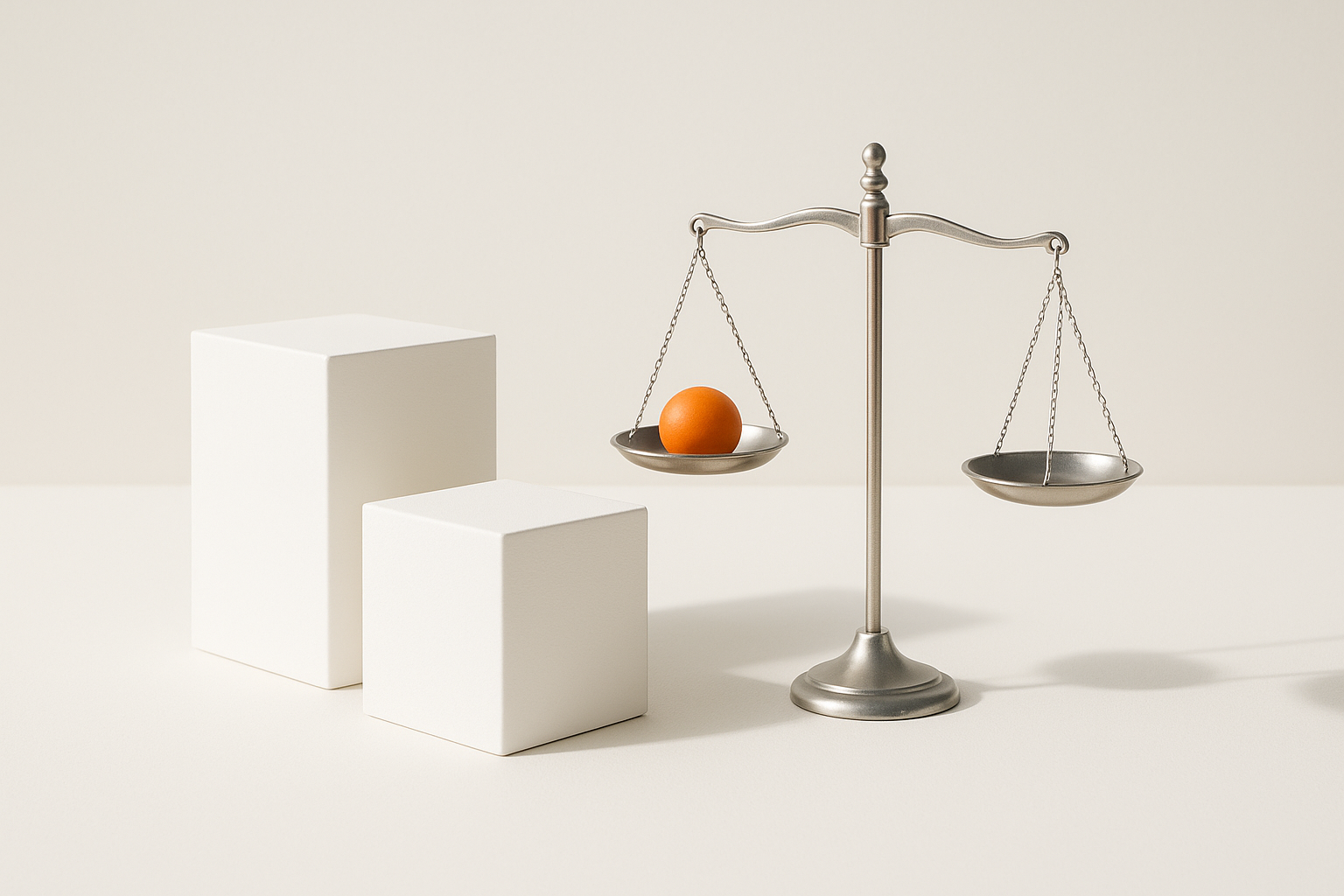 A balance scale tipped toward a single orange sphere, with an empty pan on the other side