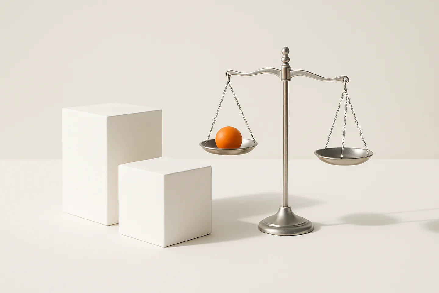 A balance scale tipped toward a single orange sphere, with an empty pan on the other side