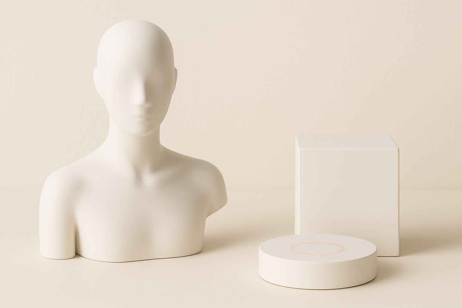 A faceless mannequin beside an empty display stand with a faint orange ring marking where something used to stand