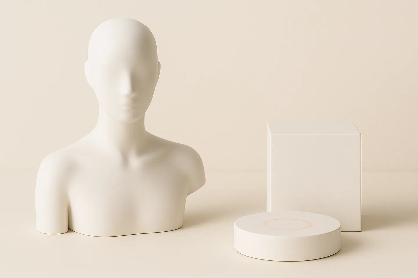 A faceless mannequin beside an empty display stand with a faint orange ring marking where something used to stand