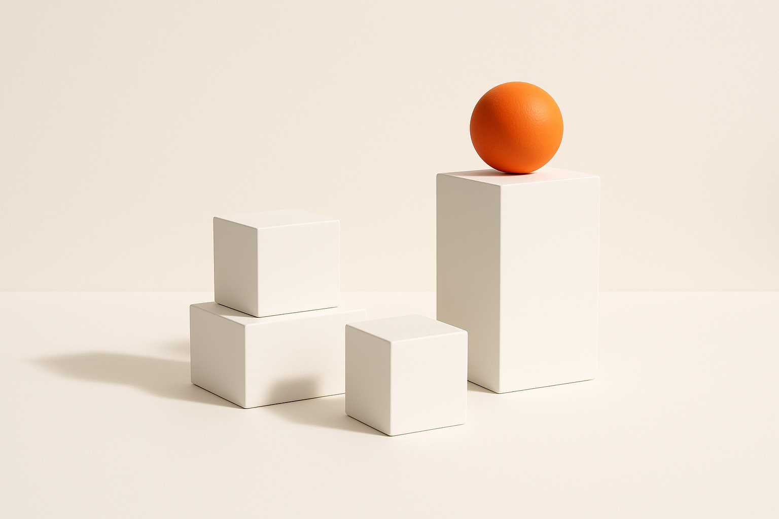 Three white pedestals of different heights, the tallest holding an orange sphere and the others plain white cubes