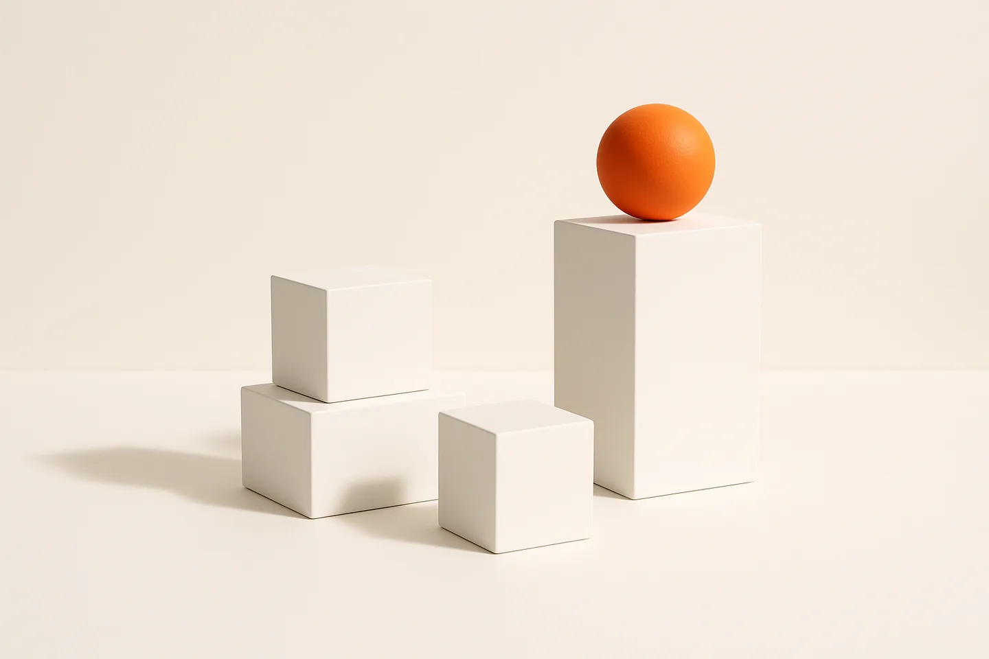Three white pedestals of different heights, the tallest holding an orange sphere and the others plain white cubes